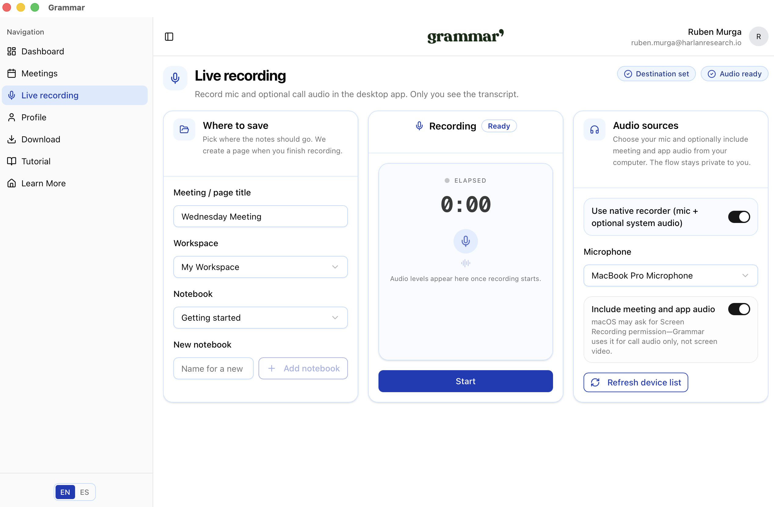 Grammar live recording on desktop